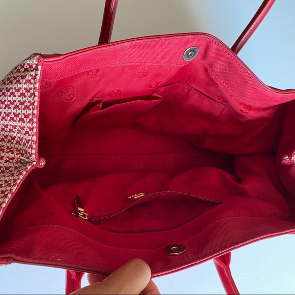 Tory Burch Savannah Canvas East West Tote Bag Red Purse - Picture 6 of 12